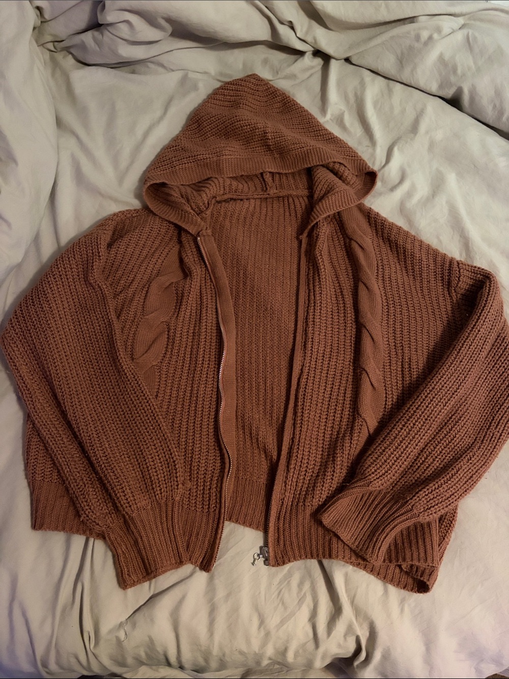 Cozy Hooded Cable-Knit Zip Sweater - Rose